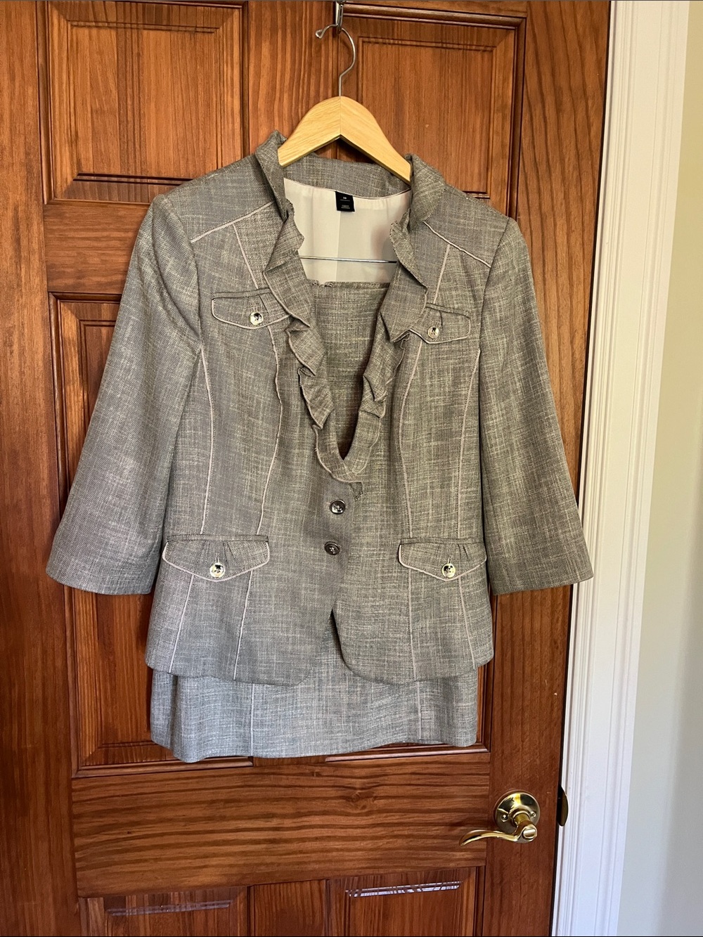 White House Black Market Grey Ruffle-Trim Suit Jacket